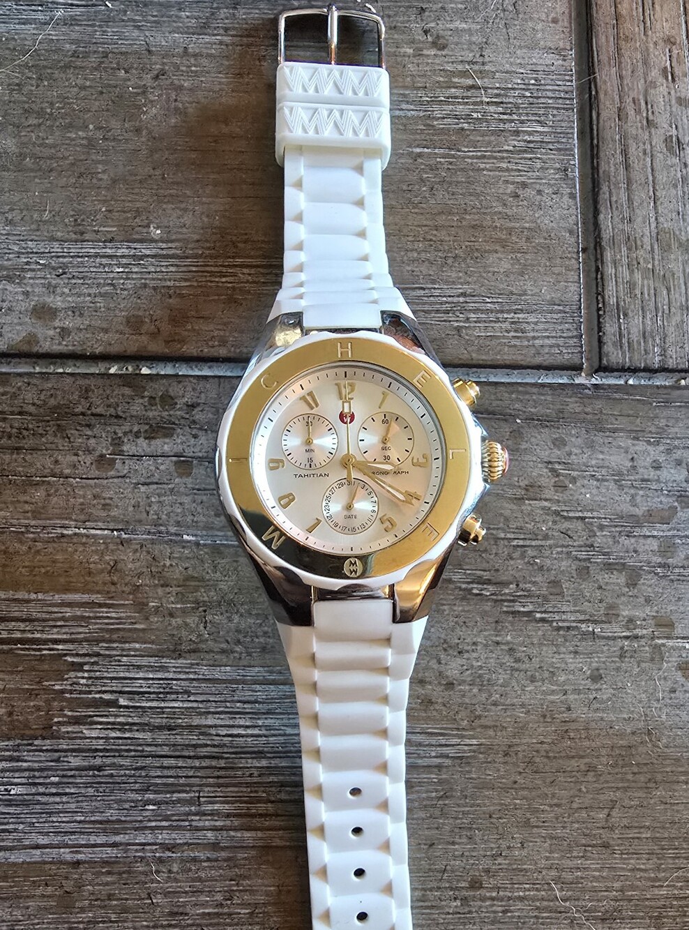 Michele White Silicone Chronograph Watch with Gold Accents. Like New.